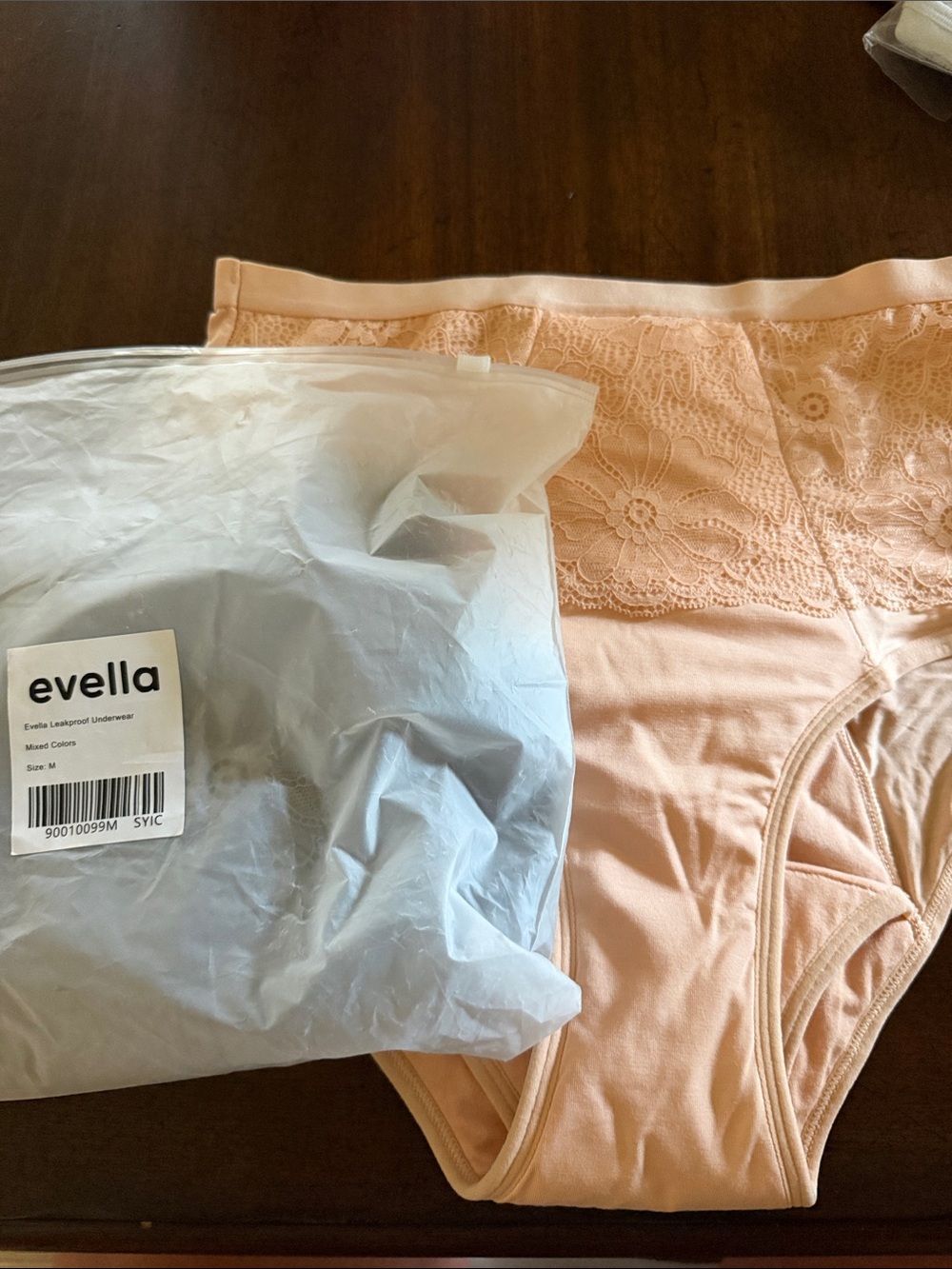 Evella Peach Lace High-Waist Leakproof Underwear.  The package includes 3